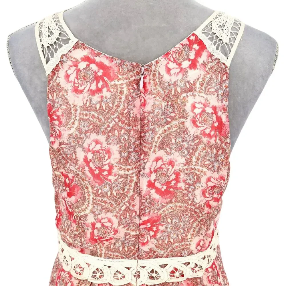 Free People Dress Womens 10 Maxi Ivory Red Pink Floral Lace Trim Lined Chiffon - Picture 9 of 13